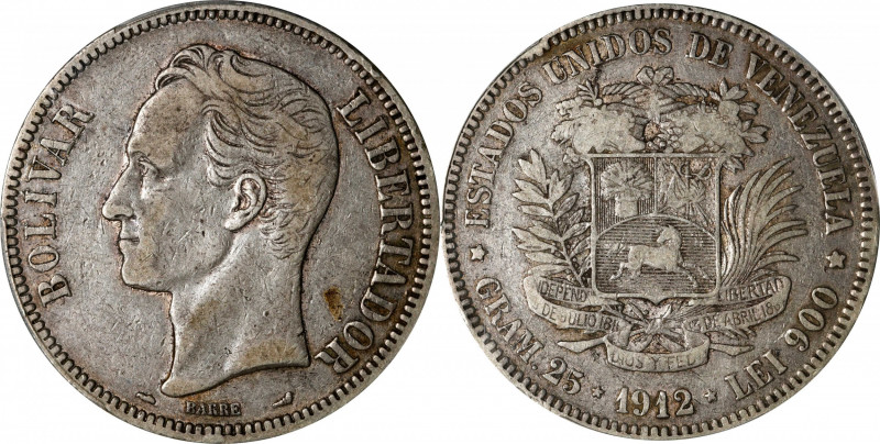 VENEZUELA. 5 Bolivares, 1912. Paris Mint. PCGS EF-40.
KM-Y-24.2; Stohr-64.
Est...