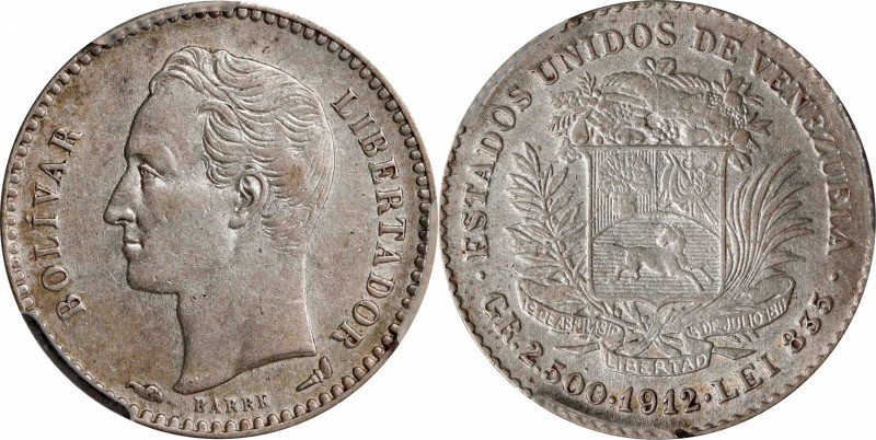 VENEZUELA. 1/2 Bolivar (50 Centimos), 1912. Paris Mint. PCGS AU-55.
KM-Y-21.
E...