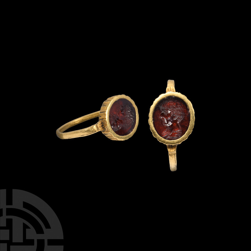 Roman Gold Ring with Garnet Portrait Gemstone 2nd century A.D. A garnet cloison ...