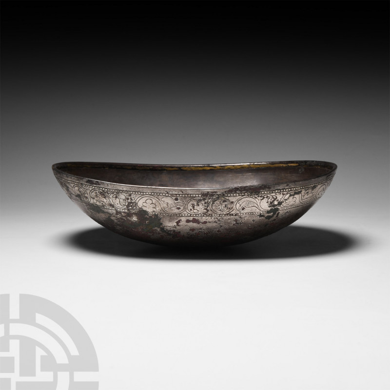 Sassanian Silver Bowl with Gilt Incised Design of Four-Armed Goddess Circa 6th-7...