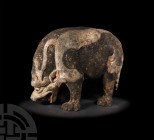 Large Chinese Horned Mythical Beast Sixteen Kingdoms, 304-439 A.D. A ceramic beast modelled standing, with a pig-like body and bestial head, paws and ...