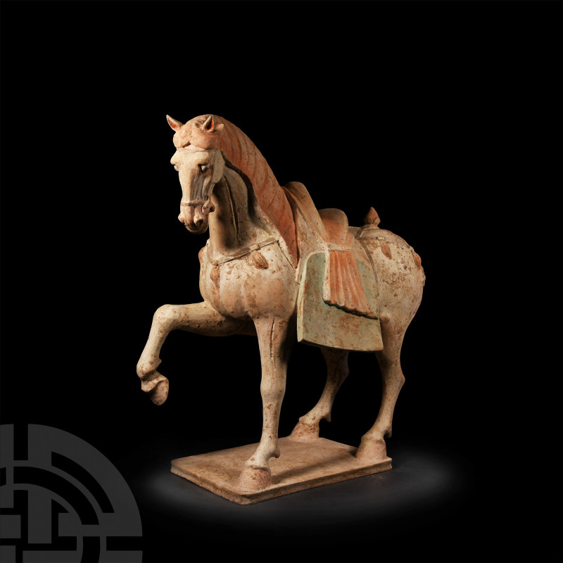 Large Chinese Tang Prancing Horse Tang Dynasty, 618-907 A.D. A terracotta capari...