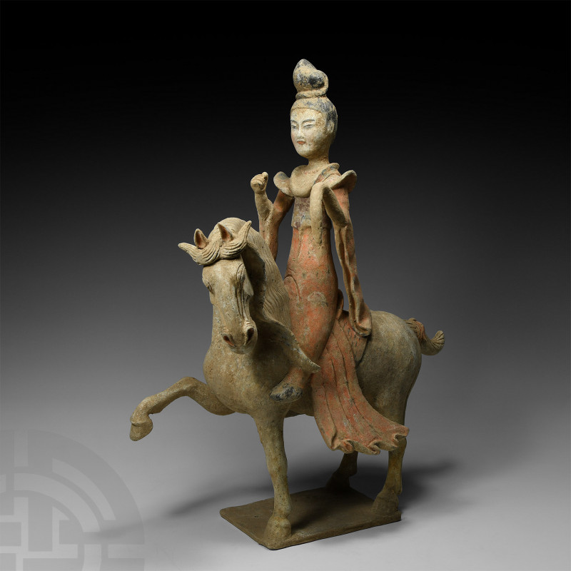 Large Chinese Tang Lady on Horse Tang Dynasty, 618-907 A.D. A ceramic figure of ...