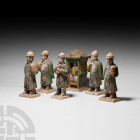 Chinese Ming Attendant Procession with Sedan Chair and Musician Ming Dynasty, 1368-1644 A.D. A procession of six glazed ceramic figures: four attendan...