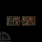 Chinese Ordos Bull Mount Pair 6th-2nd century B.C. A pair of rectangular openwork plaques with two attachment loops to the reverse, comprising: one di...