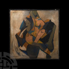 Indian M.F. Husain Painting of Taming the Beast 20th century A.D. A painting on canvas composed of fragmentary female forms wrestling with a beast; at...