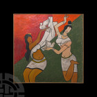 Indian M.F. Husain Painting with Dancers Holding Doves 20th century A.D. A large and vibrant painting on canvas showing two dancing female figures, ea...