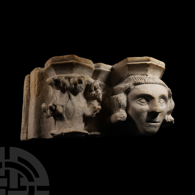 Medieval Capital and Corbel Head from the Priory of Moutiers-Saint-Jean France, ...