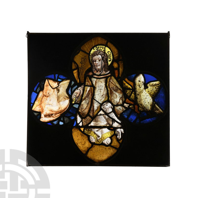 English Medieval Stained Glass Quatrefoil with Christ Circa 1500 A.D. A framed q...