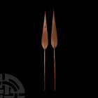 Seychelles Spear Paddle Pair Early 20th century A.D. A pair of wooden 'spear' canoe paddles of traditional form and with the long leaf-shaped blades d...