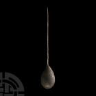 Roman 'Thames' Cochlear Spoon 1st-4th century A.D. A cochlear spoon composed of a piriform bowl and tapering, round-section stem terminating in a shar...