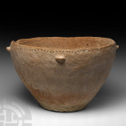 Very Large Holy Land Decorated Terracotta Bowl Bronze Age, 3rd millennium B.C. A large terracotta bowl with squat, piriform body, four shallow ledge h...