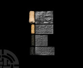 Western Asiatic Cylinder Seal Group 3rd millennium B.C. A group of four stone cylinder seals comprising two jasper, one limestone, and one calcite; on...