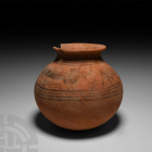 Painted Terracotta Vase with Zebus 3rd-2nd millennium B.C. A terracotta jar with rounded underside, trumpet-shaped mouth; horizontal painted bands to ...