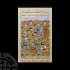Framed Persian Watercolour Manuscript Leaf Late 20th century A.D. A manuscript leaf with a painted scene composed of six men wearing turbans, seated i...