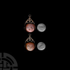 Western Asiatic Carnelian Fob Seal Dated 1275 A.H. (1858 A.D.). A fob seal of a dervish comprising a bronze openwork frame and rotating three-sided ca...