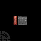 Old Babylonian Cylinder Seal with Worshipping Scene 2nd millennium B.C. An agate cylinder seal with three worshippers before a seated deity, crescent ...