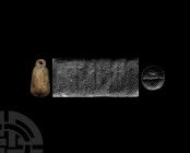 Western Asiatic Cylinder Stamp Seal 1st millennium B.C. A rhyolite cylinder stamp seal with frieze of figures mostly erased, possibly in preparation f...