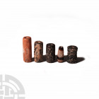 Western Asiatic Cylinder Seal Collection 2nd-1st millennium B.C. A mixed group of five agate and jasper cylinder seals, each pierced for suspension, b...
