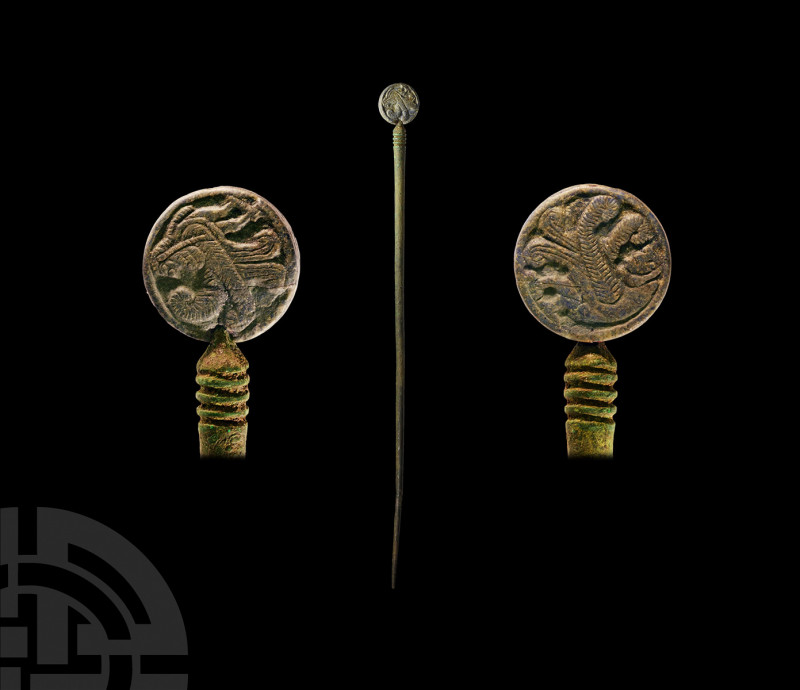 Western Asiatic Pin with Human-Headed Bird Finial 2nd millennium B.C. A substant...