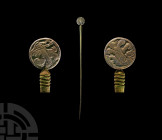Western Asiatic Pin with Human-Headed Bird Finial 2nd millennium B.C. A substantial bronze dress pin with ribbed upper section, bifacial lapis lazuli ...