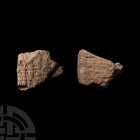 Ur III Cuneiform Administrative Tablet Fragment 3rd-2nd millennium B.C. An irregular fragment of an Ur III period administrative ceramic tablet, beari...