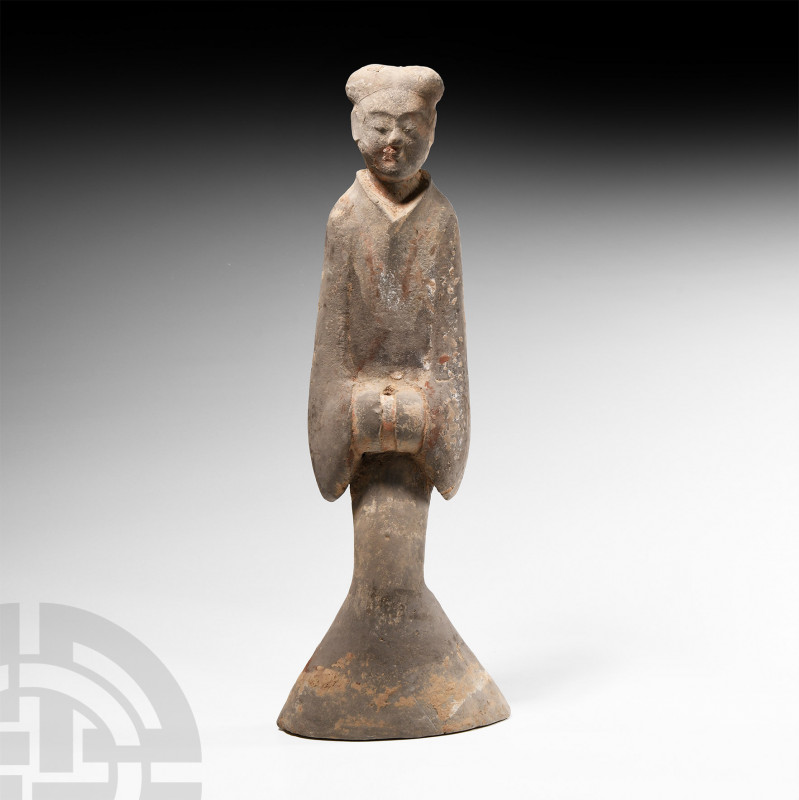 Chinese Han Attendant Figure Han Dynasty, 206 B.C.-220 A.D. A hollow-moulded gre...