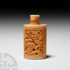 Chinese Snuff Bottle with Owls 20th century A.D. A composition perfume bottle with elliptical body and waisted neck; squat, spool-shaped lid with slen...