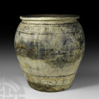 Large Chinese Jar with Lotus Petals 19th-20th century A.D. A large ceramic jar in Han style with rolled rim to the mouth, bulbous shoulder and broad b...