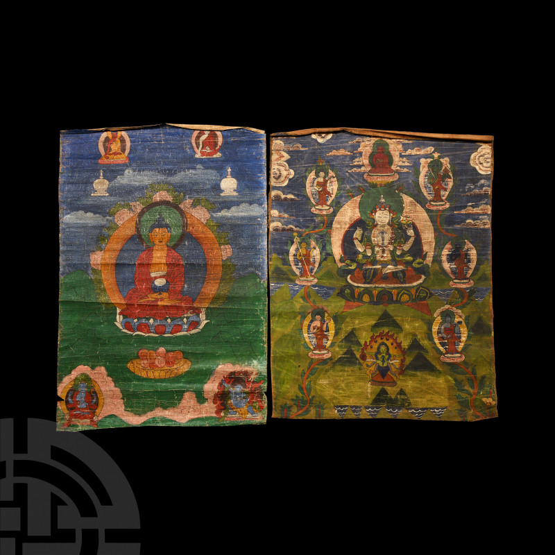 Tibetan Thangka Painting Pair 19th century A.D. A group of two polychrome thangk...