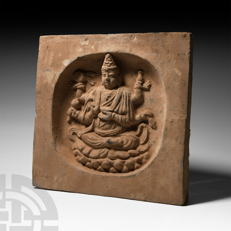 Chinese Song Tile with Six-Armed Deity Song Dynasty, 960-1279 A.D. A square cera...