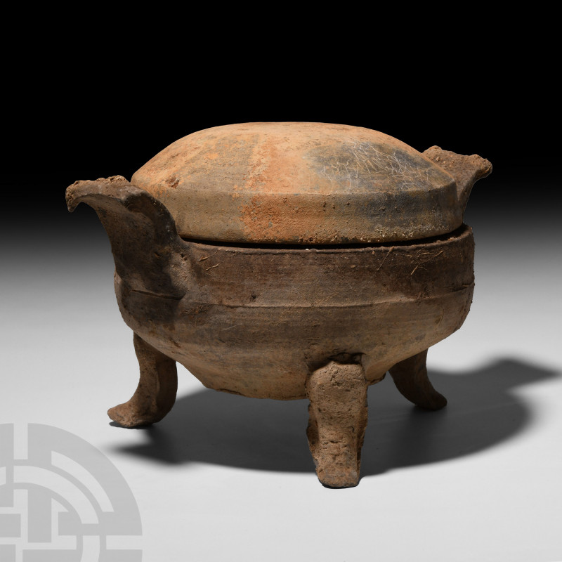 Large Chinese Han Lidded Tripod Vessel Han Dynasty, 206 B.C.-220 A.D. A ceramic ...