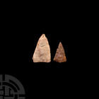 Stone Age Leaf-Shaped Arrowhead Pair Neolithic, 8,000-3,000 B.P. A pair of finely napped triangular leaf-shaped arrowheads. 7.8 grams total, 28-40 mm ...