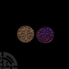 Medieval Personal Seal Matrix of Henry 13th-15th century A.D. A discoid lead seal matrix with stylised palmate star motif at centre with feathered arm...