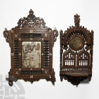 Antique Wood Furniture Group Early 20th century A.D. A group of two wooden architectural screen panels comprising: one with two arched panels supporti...