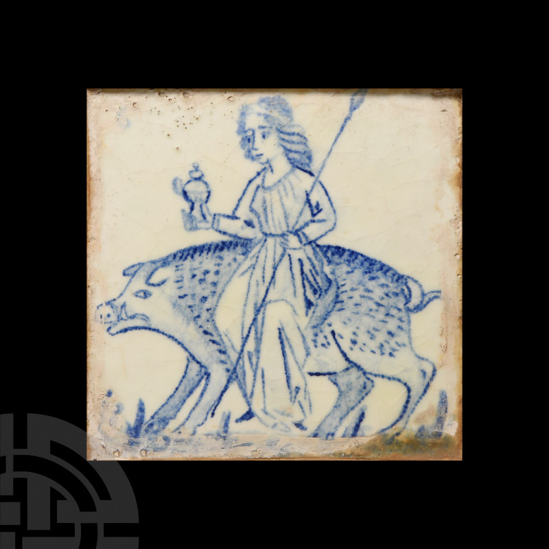 Spanish Blue and White Tile with Lady and Boar 18th-19th century A.D. A blue and...