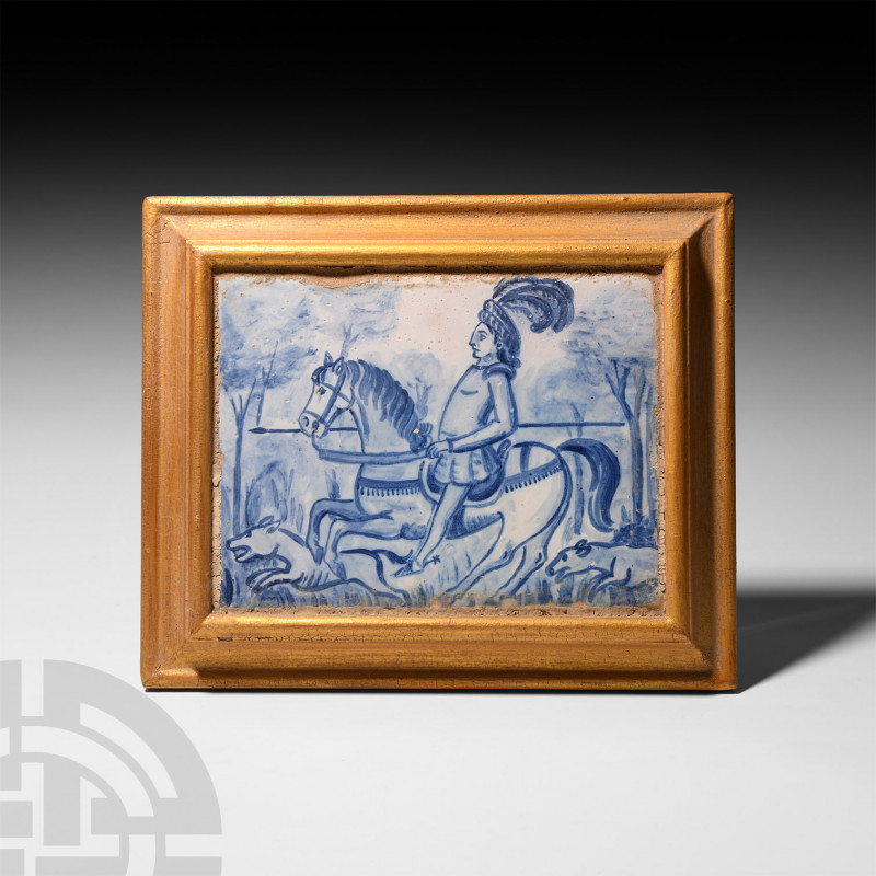 Spanish Blue and White Tile with Hunting Scene 18th century A.D. or later. A blu...