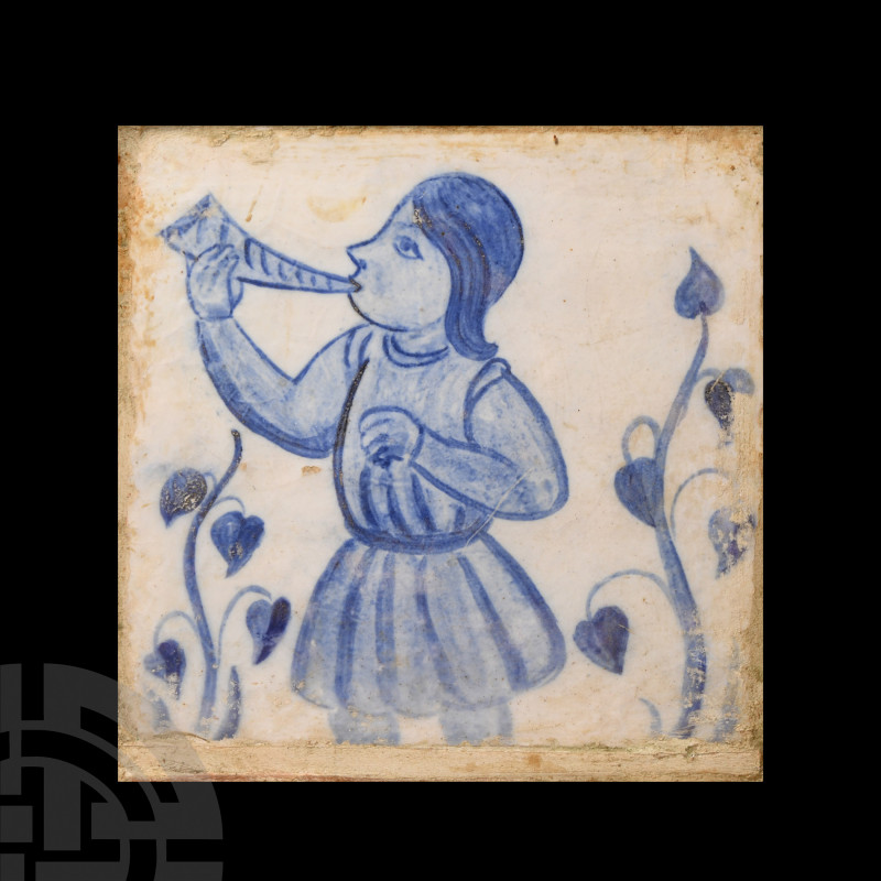 Spanish Blue and White Tile with Man Blowing a Horn 18th-19th century A.D. A blu...
