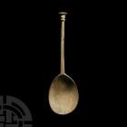 Tudor Seal-Topped Spoon with Fleur-de-Lis Maker's Mark 16th century A.D. A silver or tin-plated copper-alloy spoon composed of a tapering stem with ir...