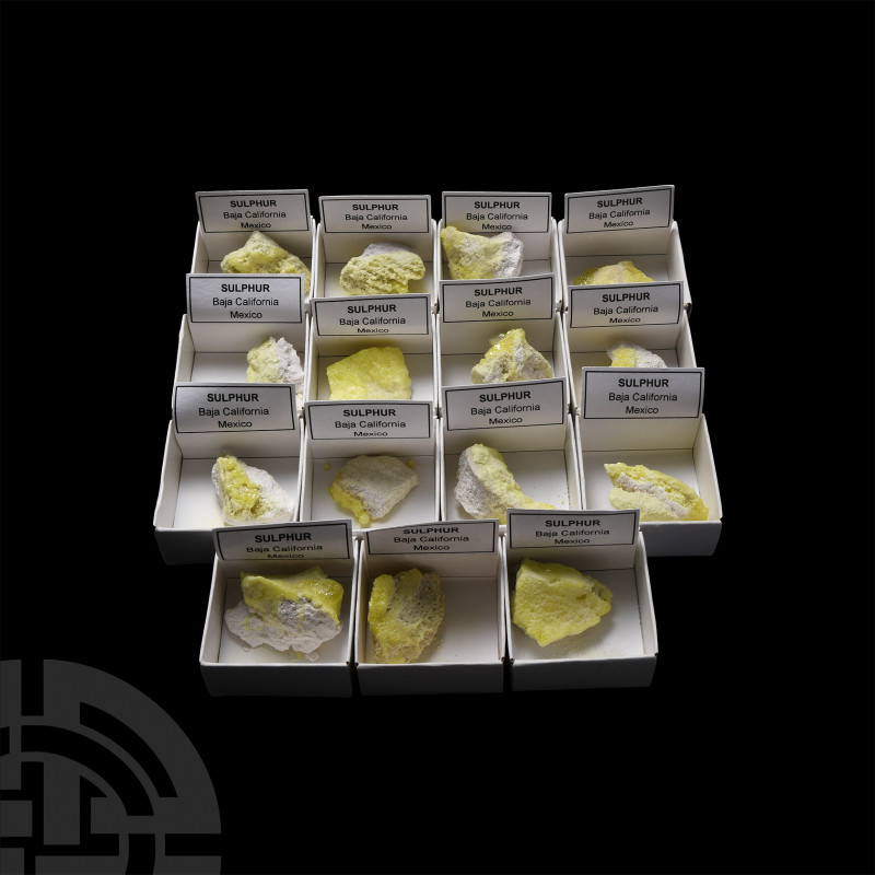Sulphur Mineral Specimen Group A group of 15 sulphur mineral specimens; each hel...