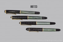 Pelikan 4 Füllfederhalter, unterschiedliche Modelle, dabei M 400, alle mit 14 K Goldfeder, vergoldeter Ring u. Clip, Korpus: Edelharz mit grün abgeset...