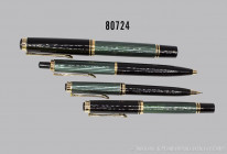 Pelikan 4 Schreibgeräte, Modell Souverän, 2 Füllfederhalter, jeweils 14 K Goldfeder, Kugelschreiber und Druckbleistift, vergoldeter Ring u. Clip, Edel...