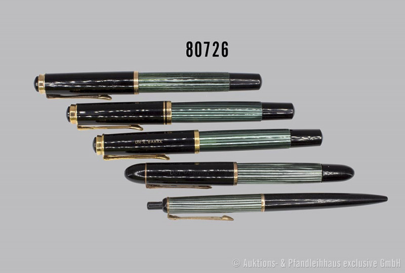 Pelikan 5 Schreibgeräte, Modell Souverän, 3 Füllfederhalter, 1x 120, ca. 1955-65...