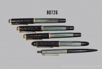 Pelikan 5 Schreibgeräte, Modell Souverän, 3 Füllfederhalter, 1x 120, ca. 1955-65, jeweils 14 K Goldfeder, Kugelschreiber und Rollerball, vergoldeter R...
