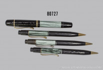 Pelikan 4 Schreibgeräte 100 N, um 1935/1939, Füllfederhalter, 14 K Goldfeder, 3x Druckbleistift grün-marmorierter Korpus, L 12,5 cm, Vergoldung teilwe...