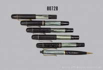 Pelikan 6 Schreibgeräte, 5 Füllfederhalter, 2x 14 K Goldfeder, 2x CN-Feder (1939-49), 1 Druckbleistift, grün-marmorierter Korpus, L 11,5 - 12,5 cm, Ve...