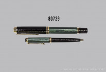 Pelikan Souverän Kolbenfüller,schwarz-grüner Edelharzkorpus, zweifach rhodinierte 18 K Goldfeder, L 14 cm, dazu Kugelschreiber, L 11 cm, L Z 2