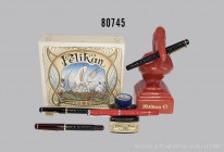 Pelikan 4 Schreibgeräte, 3 Füllfederhalter und Kugelschreiber, unterschiedliche Ausführungen, L 12 - 12,5 cm, Z 1-2, 1x in Originalbox mit Tintenfass ...