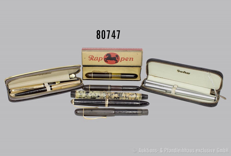 9 Schreibgeräte, dabei Füllfederhalter, Kugelschreiber, dabei Geha Set 736, Hers...