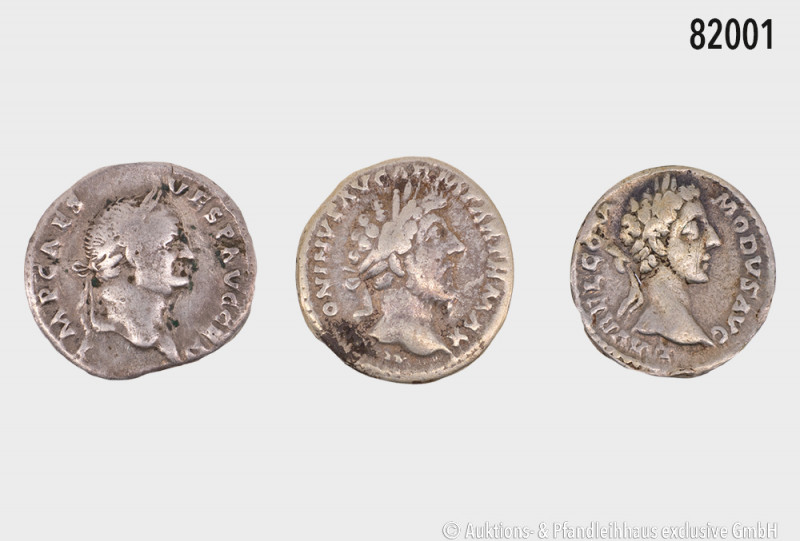 Konv. 3 Denare, Vespasian, Marc Aurel und Commodus, sehr schön, aus alter deutsc...